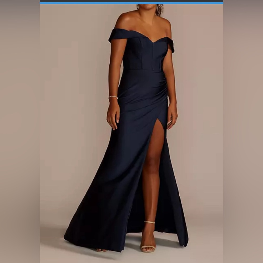 JULES & CLEO sweetheart off the shoulder stretch satin dress-Navy-Size 6-NWT